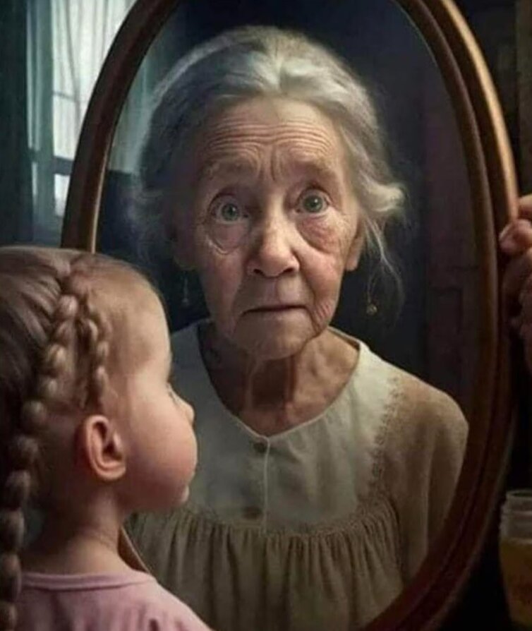 girl seeing in the mirror her older self