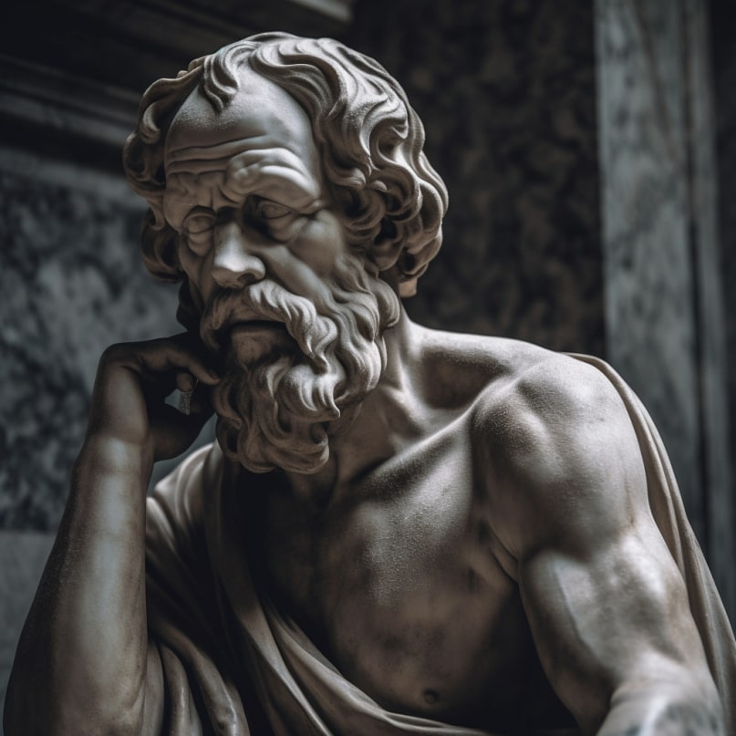 a philosopher statue thinking