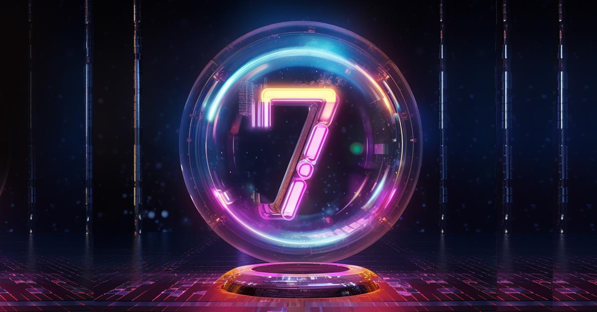 a big neon 7 inside a bubble, futuristic style