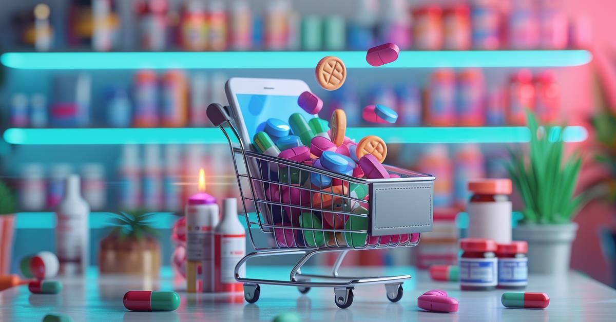 cart with pills and phone to shop from online pharamacy