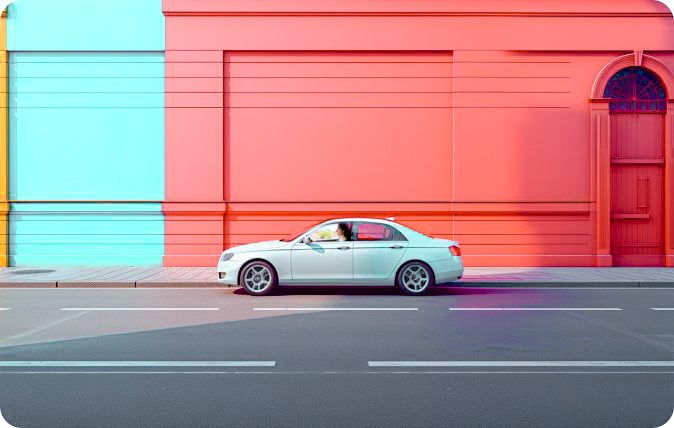 a modern car in colorful town