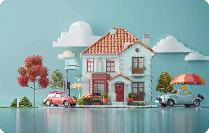 A house, cars, and umbrellas symbolizing the insurance industry.