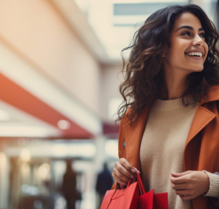 Happy woman shopping at a shopping mall.